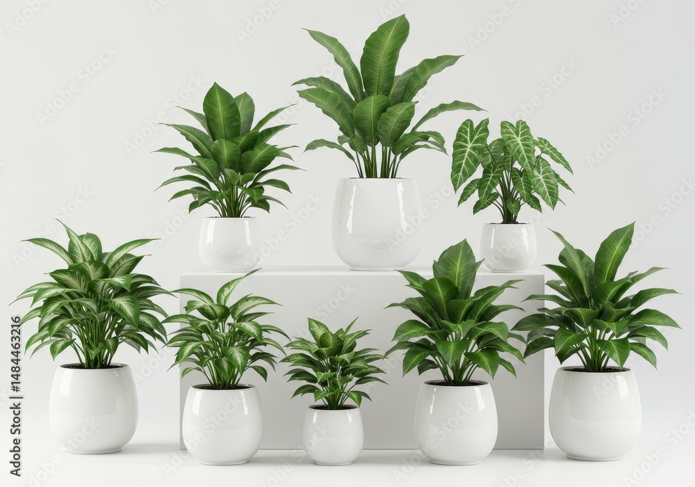 Fototapeta premium Collection of various green houseplants in white pots arranged on a white surface
