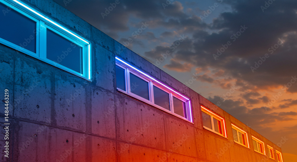 Obraz premium 夕焼け空の下、カラフルなネオンが輝くコンクリート壁。窓辺を彩る幻想的な光。