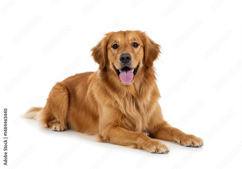 Golden retriever dog lying down with tongue out on a white studio background Golden retriever dog lying down with tongue out on a white studio background