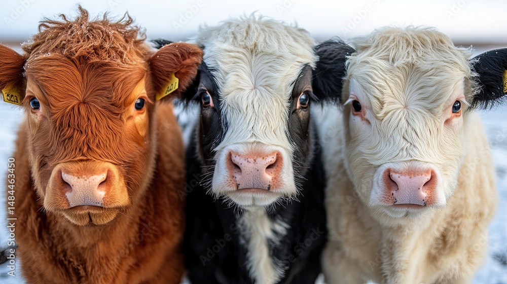 Three Calves Winter Farm Portrait. Three Calves Winter Farm Portrait.