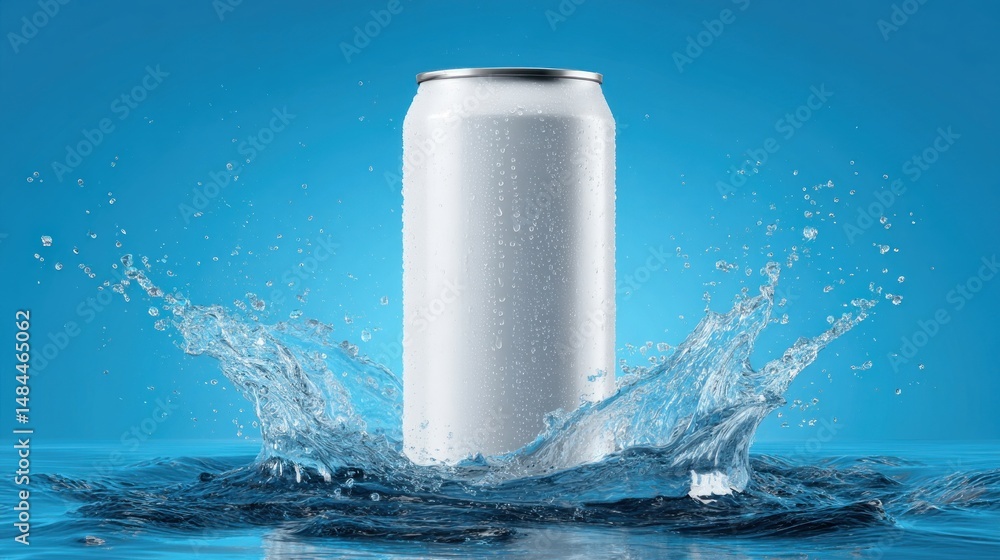 Blank white aluminum can surrounded by water splash Blank white aluminum can surrounded by water splash