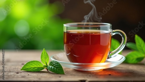 Close-up of a calming herbal tea in a glass mug, steam rising, on a rustic wooden table , health, organic, tranquility