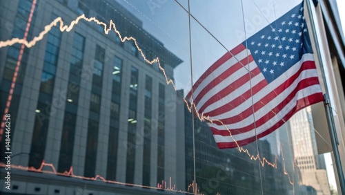 A downward-trending stock market graph is reflected in a building