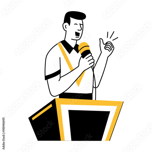 A doodle style illustration showing commentator with microphone

