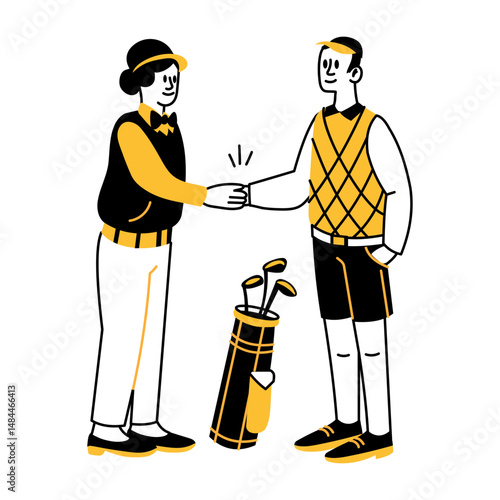 A hand drawn illustration depicting golf partners handshake
