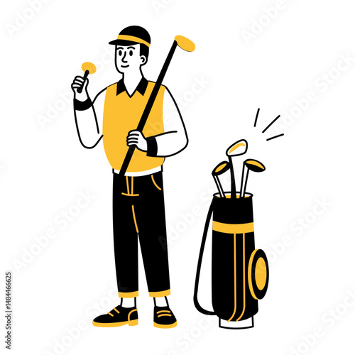 A sketchy illustration showing golf player with bag 
