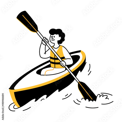 A doodle style illustration showing kayaking 
