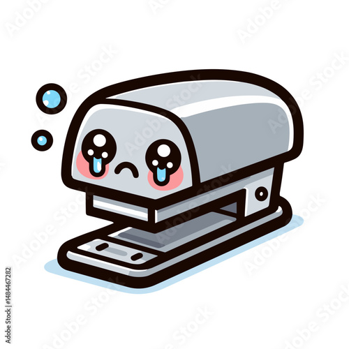 Cute kawaii-style stapler with sad expression and big eyes  