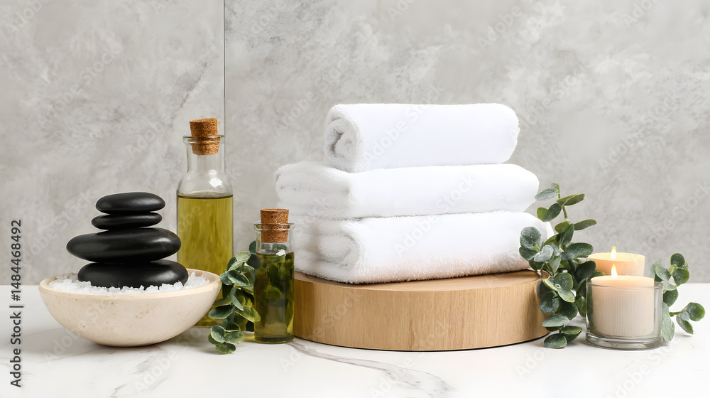 A serene spa setting featuring neatly rolled white towels, green tropical leaves, and relaxing candles, creating a peaceful atmosphere for wellness and relaxation.
A serene spa setting featuring neatly rolled white towels, green tropical leaves, and relaxing candles, creating a peaceful atmosphere for wellness and relaxation.
