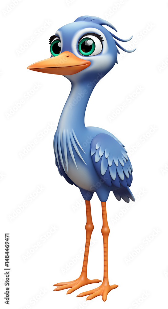 Obraz premium Cartoon blue heron with big green eyes stands tall