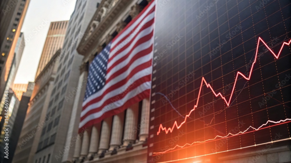 Fototapeta premium A large American flag hangs on a building next to a digital stock market graph showing rising trends.