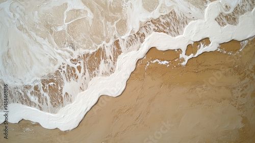A minimalist abstract oil painting featuring smooth textures of alabaster paste and sand grains, with flowing, curved strokes evoking an aerial perspective of waves washing onto a brown beach. 