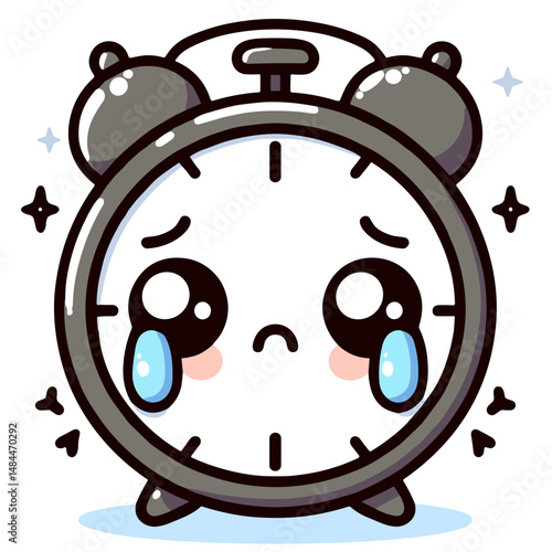 Sad kawaii-style alarm clock with tears and a cute expression  