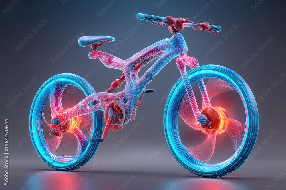 Fototapeta premium A futuristic, glowing bicycle rendered in neon blue and red, showcasing a high-tech, transparent design against a dark background.