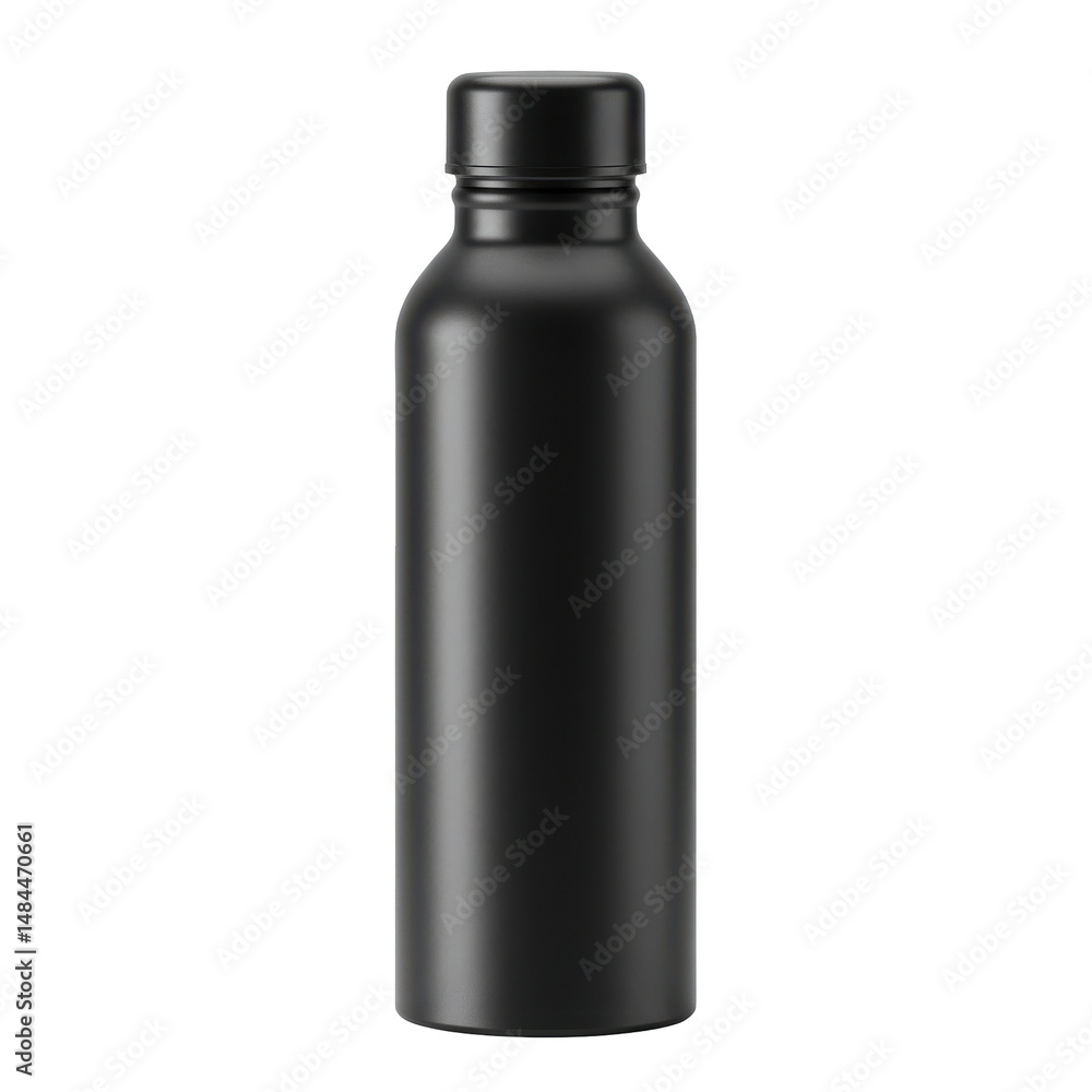 Matte black bottle with a screw top lid, against solid dark background Matte black bottle with a screw top lid, against solid dark background