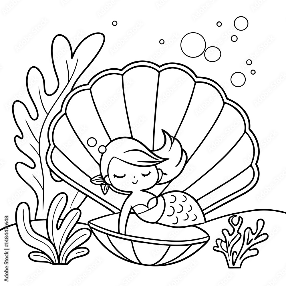 Naklejka premium Hand-drawn illustration of kawaii mermaid princess sleeping on the seashell coloring page for kids and adults. Mermaid colouring book