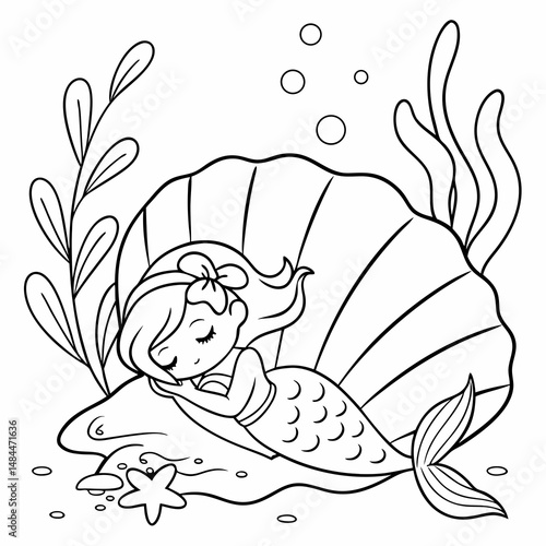 Hand-drawn illustration of kawaii mermaid princess sleeping on the seashell coloring page for kids and adults. Mermaid colouring book