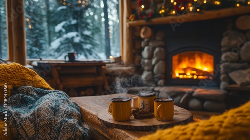cozy cabin interior with a roaring fireplace, a decorated tree, and a steaming mug on a wooden table, Generative AI