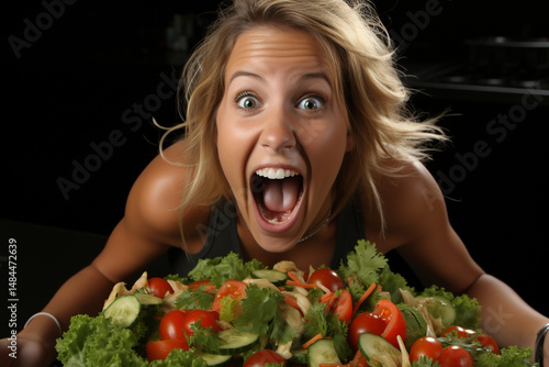 Young Woman Eating Vegetable Salad in a Chaotic Moment