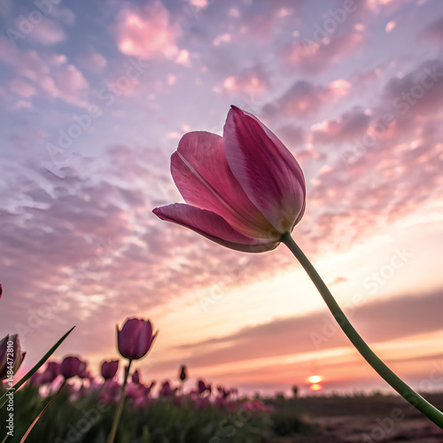 pink tulips against blue sky