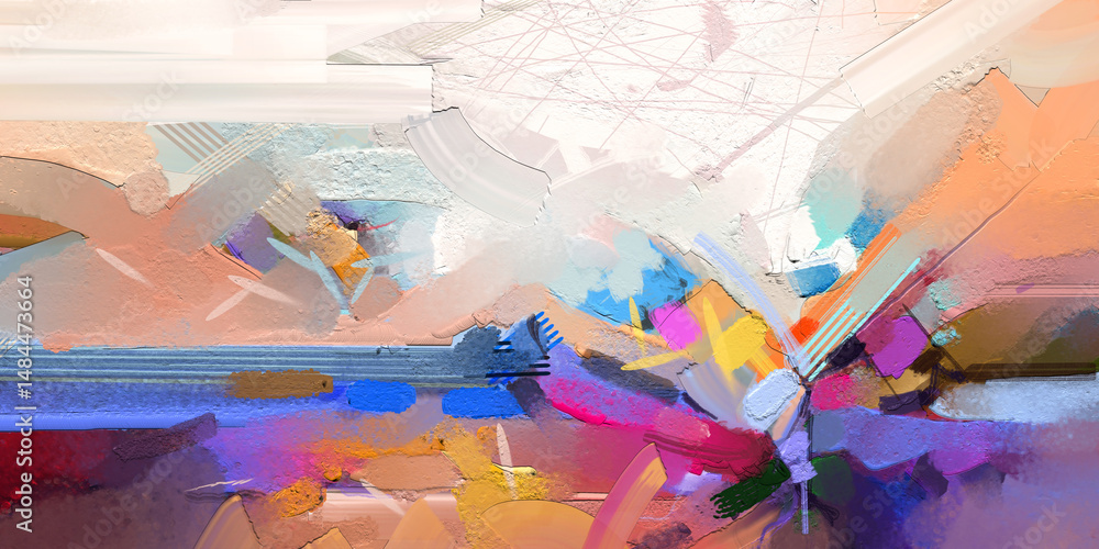 Obraz premium Abstract art, colorful oil painting on canvas texture. Image of landscape painting background. Modern art oil paint with palette brush, yellow, red and blue color. Contemporary artwork for background