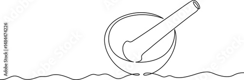 Continuous one line drawing medical mortar. Mortar and pestle for preparing medicines. One continuous line isolated minimal illustration.Not AI.