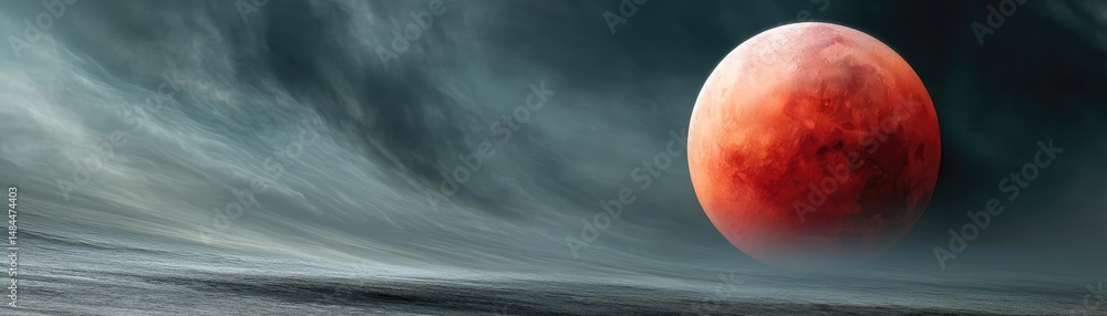Fototapeta premium Red moon behind black clouds at night with abstract fire concept. A striking red moon illuminates the dark, swirling clouds.