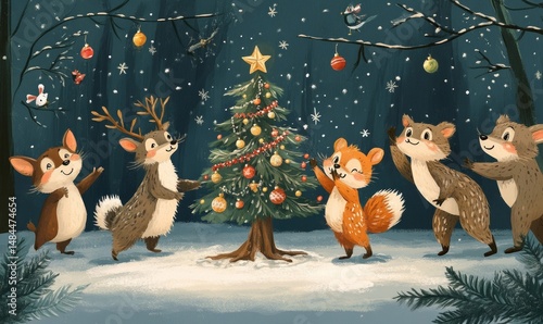 whimsical illustration of woodland animals dancing around a decorated tree in a snowy clearing, Generative AI