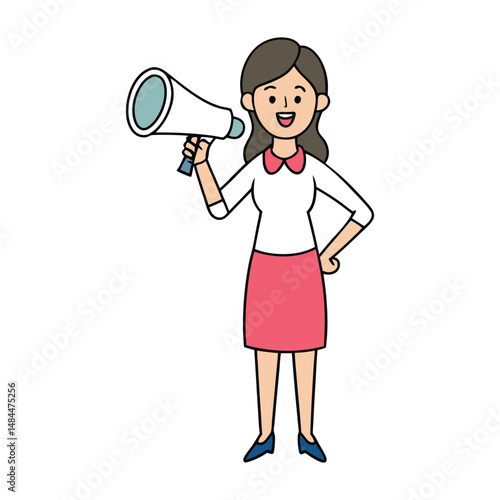 A confident woman holds a loudspeaker, amplifying her voice to rally, inspire, or spread an important message with passion and determination.

