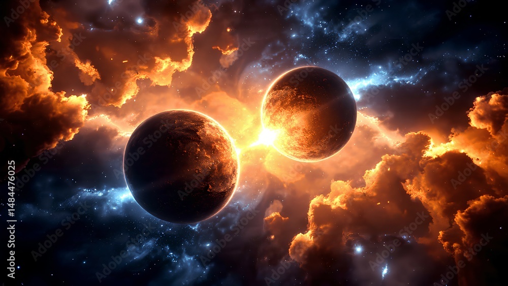 Obraz premium Cosmic Collision: The Dance of Twin Planets