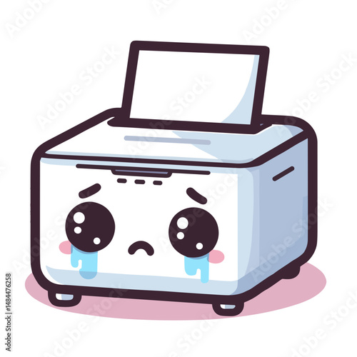 Cute kawaii-style printer with a sad expression and tears  