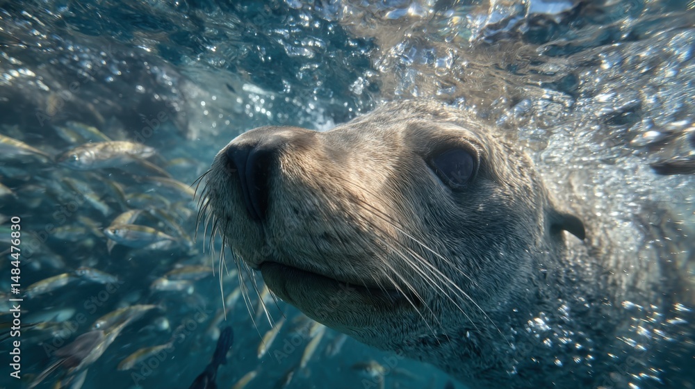 Obraz premium Sea Lion Swimming Underwater With School of Fish, Showcasing Marine Wildlife and Ocean Conservation Efforts : Generative AI