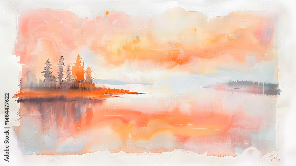 Naklejka premium Watercolor painting Pinkorange clouds landscape