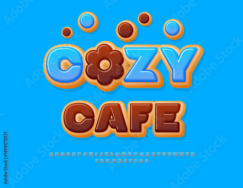 Vector Tasty signboard Cozy Cafe with Chocolate Flower. Sweet Donut Font. Tasty Cake style Alphabet Letters and Numbers set.