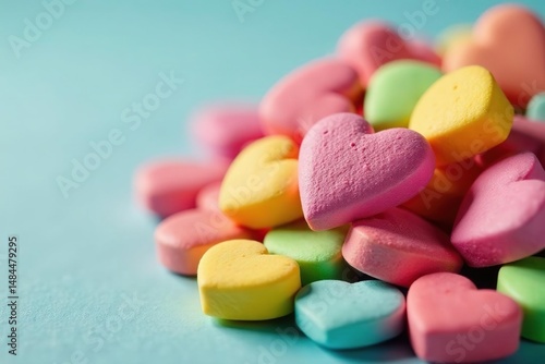 Close-up shot of a pile of colorful conversation hearts candies , valentine, candy hearts, gift
