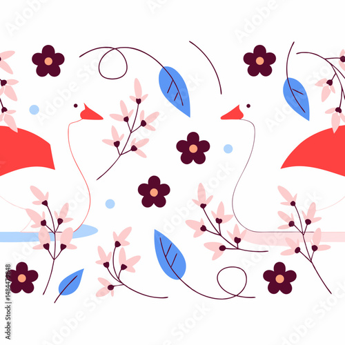 Serene Swan's Elegance: Two graceful swans glide serenely across the water, surrounded by delicate floral details, each element of the composition contributes to a sense of harmony and tranquility.