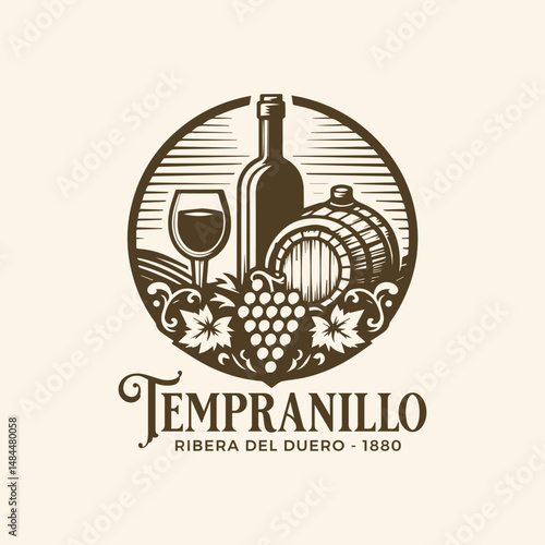 Vector logo of wine with glass, barrel and grapes