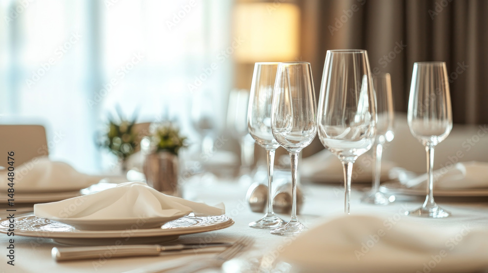 Clean and minimalistic dining room scene with a neatly set dinner table. Clean and minimalistic dining room scene with a neatly set dinner table.