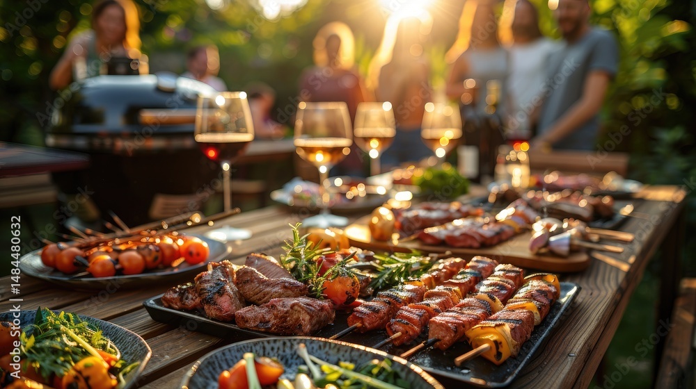 A vibrant outdoor barbecue scene with grilled meats, vegetables, and drinks during a gathering. A vibrant outdoor barbecue scene with grilled meats, vegetables, and drinks during a gathering.