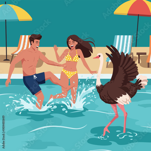 People Having Fun in Pool with Ostrich Near Beach Chairs