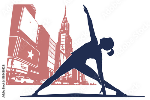Yoga Times Square T-Shirt Design Silhouette Vector – Urban Wellness Apparel Illustration with City Vibes