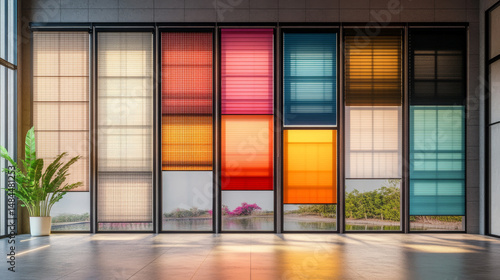 Collage-style promotional display of various modern window shades for a spring sale theme.