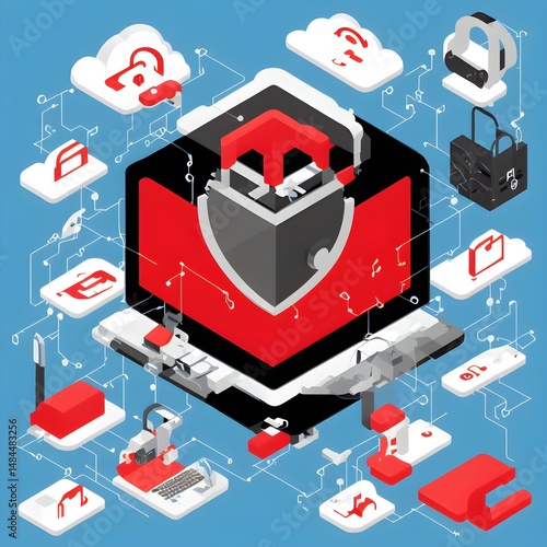 Isometric vector showing cybersecurity with digital lock, shield, and data cloud. Ideal for tech, IT security, and digital privacy visuals. Clean vector design on white background.