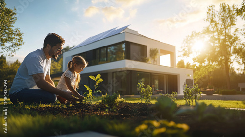 In the foreground, a father and daughter are planting a sapling in their garden, while their modern penthouse with a flat roof and solar panels gleams in the direct sunlight in the background. 