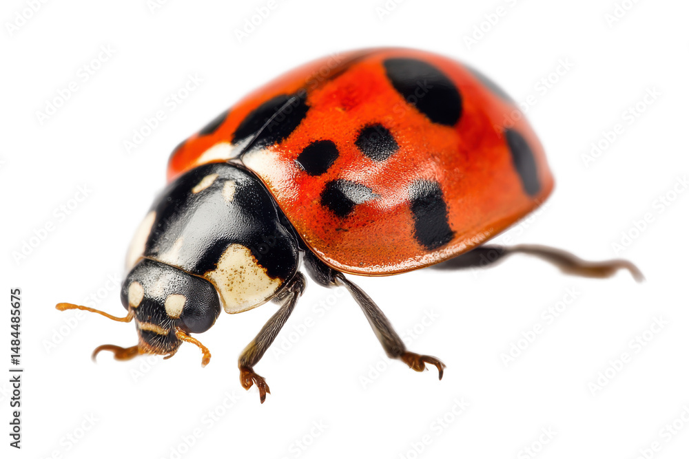 Naklejka premium Close-up of a Seven-Spotted Ladybug on White Background