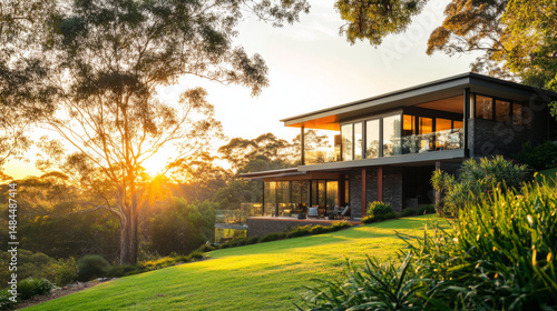 Modern Australian home in Kellyville, NSW, photographed during golden hour with stylish landscaping and architectural design captured through a 35mm lens.