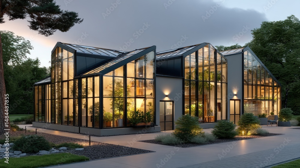 Modern glass structures at twilight Modern glass structures at twilight