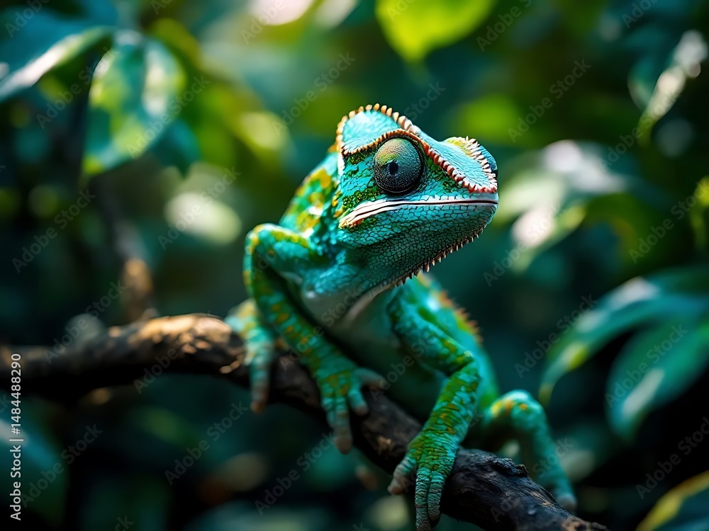 Fototapeta premium Chameleon camouflaged on a tree branch in tropical habitat. Perfect for wildlife, biology, and nature-themed visuals