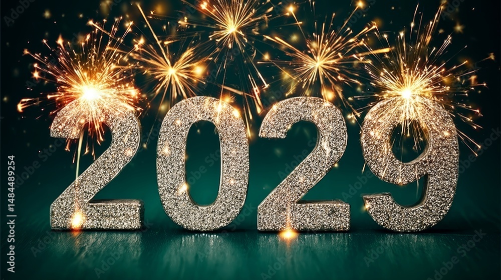 Sparkling 2029 New Year Celebration with Silver Glitter Numbers and Fireworks on a Green Background Sparkling 2029 New Year Celebration with Silver Glitter Numbers and Fireworks on a Green Background