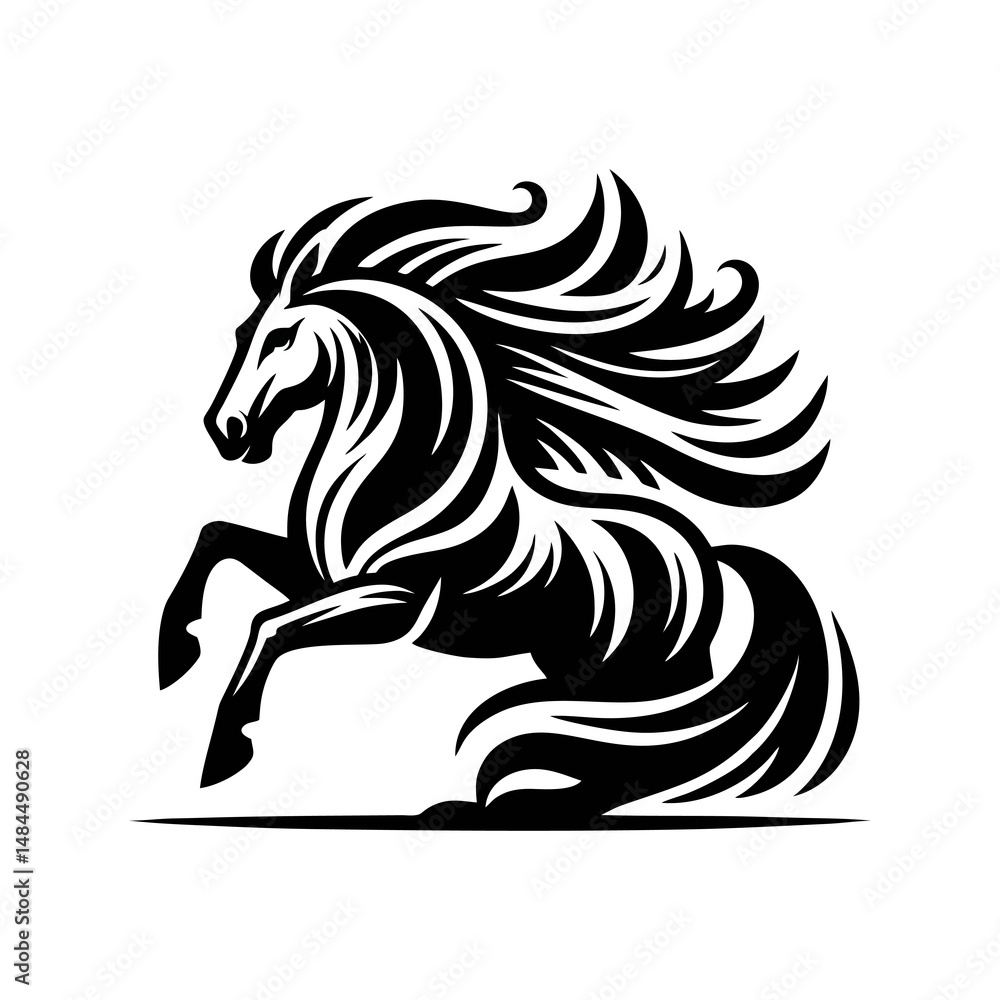 Naklejka premium Traditional Black and White Vector of Rearing Horse for Tattoo Poster Art Featuring Flowing Tail and Muscular Equestrian Power